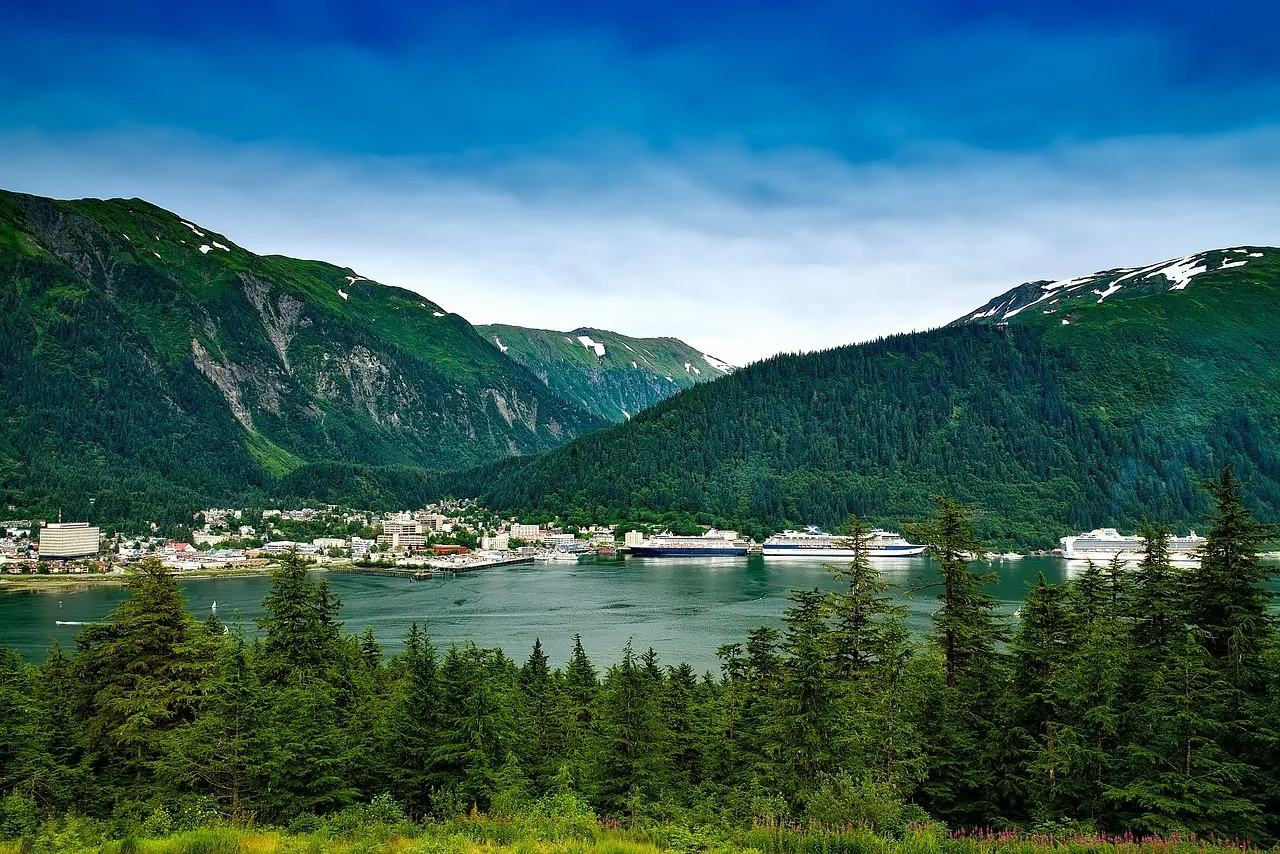 Juneau city alaska with mountains and nature.