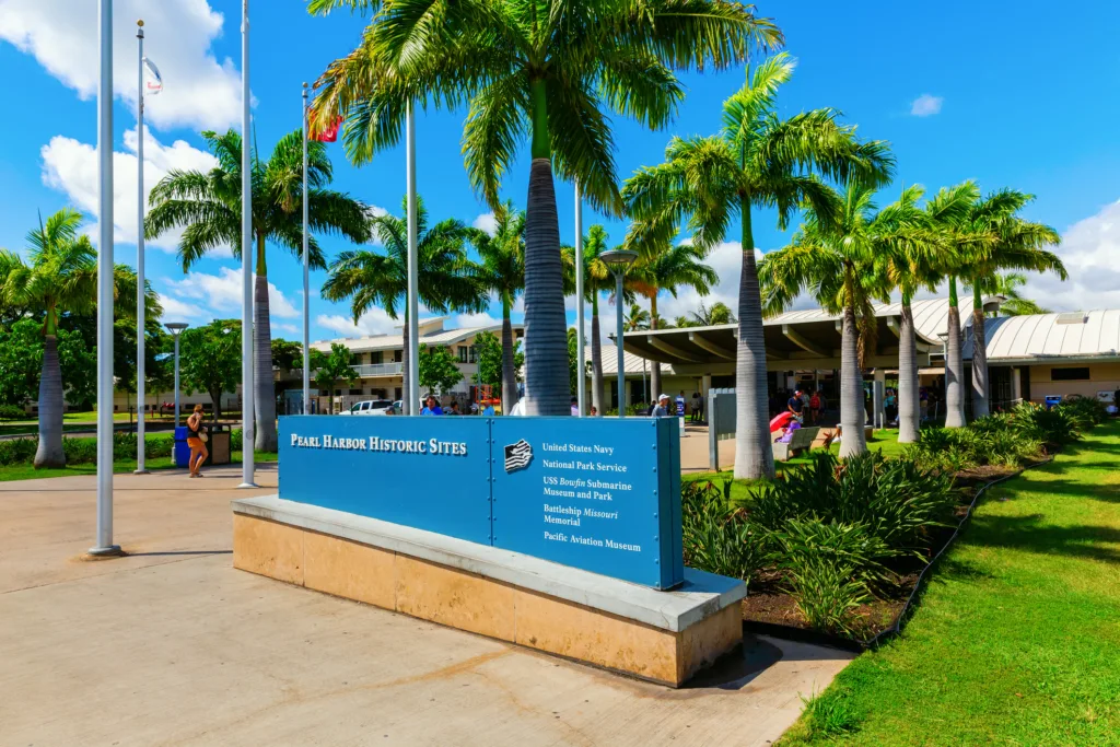 Entrance of the Pearl Harbor National Memorial, Honolulu, Hawaii. Pearl Harbor, Honolulu, Hawaii - November 05, 2019: entrance of the Pearl Harbor National Memorial with unidentified people. The memorial commemorates the Japanese attack on December 7, 1941