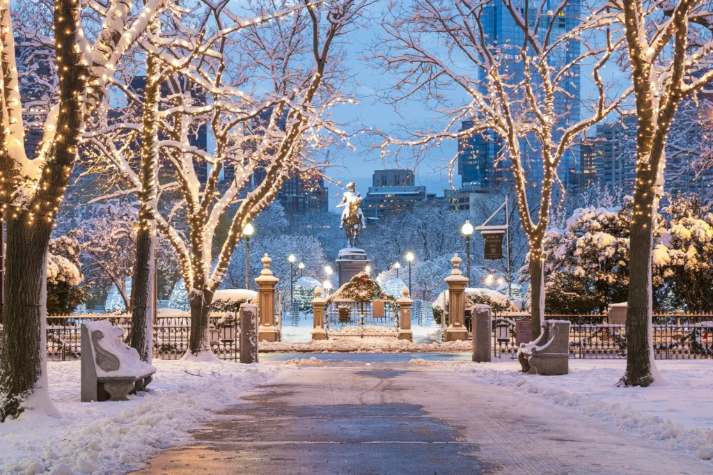 Boston in the Winter. The Boston Commons in the winter with Christmas Lights in Boston, Massachusetts, USA.