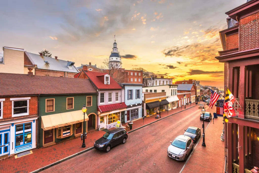 Annapolis, Maryland, USA downtown view over Main Street with the State House at dawn