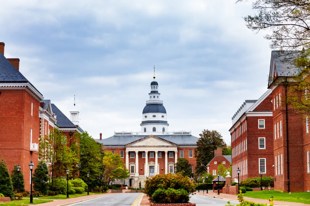 Bladen street over Maryland State House capitol building and site of many historic events build in 1779 Annapolis MA, USA