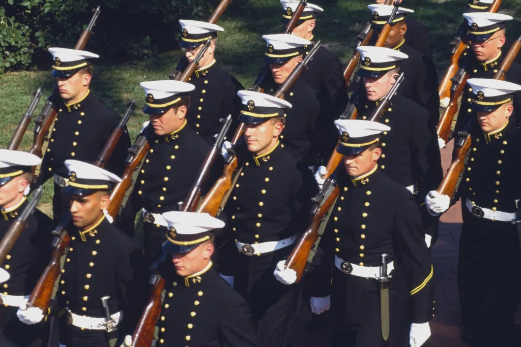 Naval Dress Parade. U.S. Naval Academy Midshipmen in formal dress for parade, Annapolis, Maryland