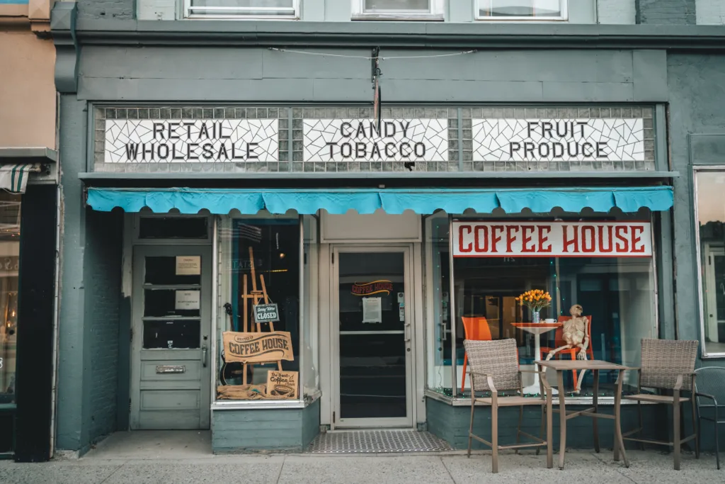 Coffee shop with vintage signs, Augusta, Maine